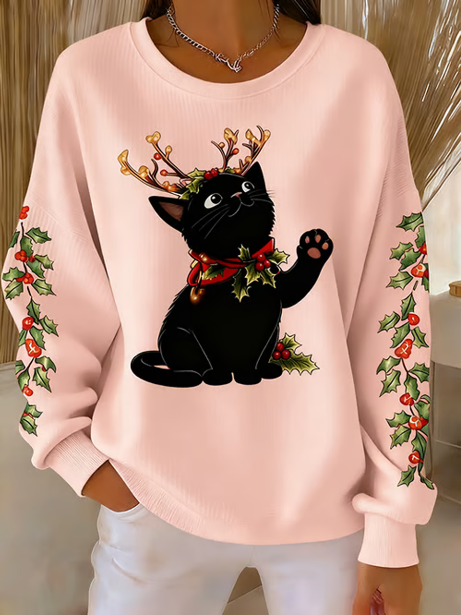 Women's Christmas Black Cat Print Ribbed Round-Neck Sweatshirt