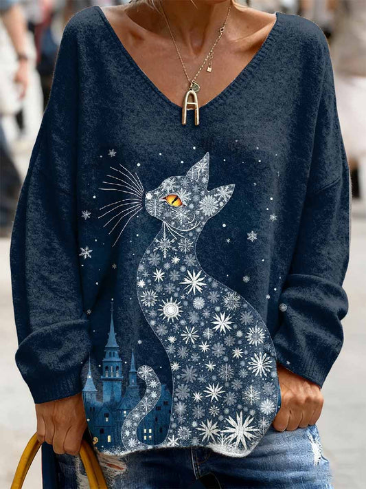 Women's Christmas Cat Print V Neck Top