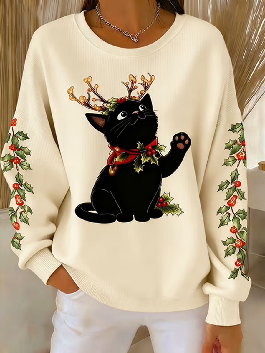 Women's Christmas Black Cat Print Ribbed Round-Neck Sweatshirt