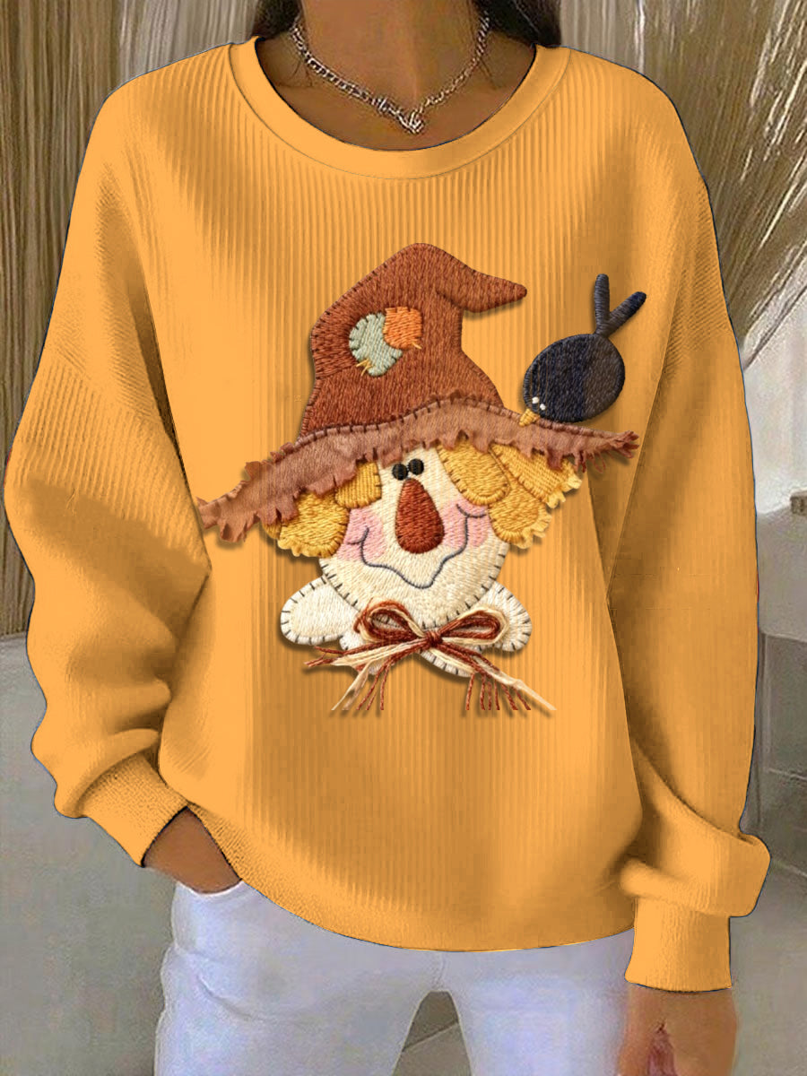 Women's Orange Autumn Loose-Fit Crewneck Pullover