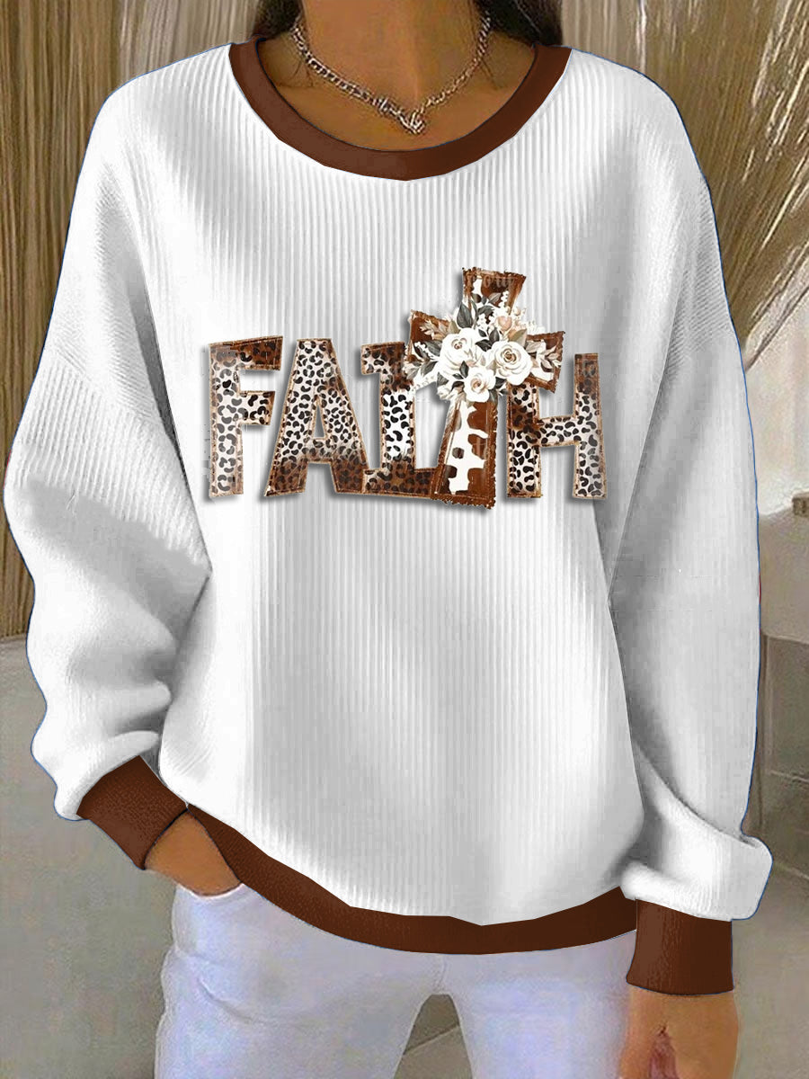 Women's White Leopard Print Autumn Loose-Fit Crewneck Pullover