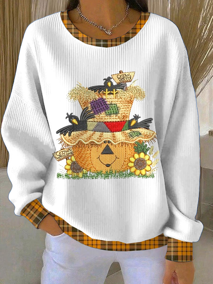 Women's white patchwork embroidery Loose-Fit Crewneck Pullover