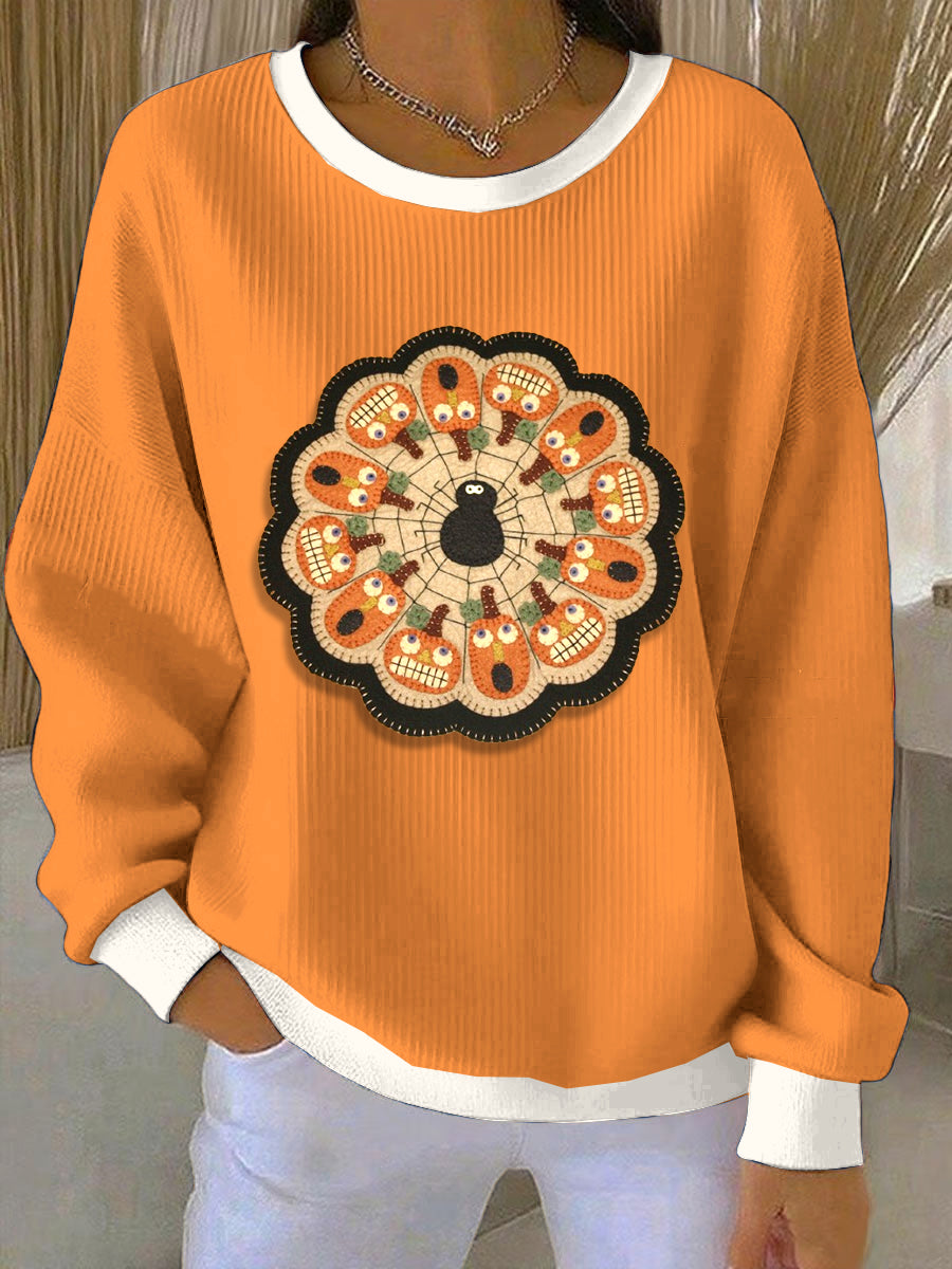 Women's Patchwork Pumpkin Loose-Fit Crewneck Pullover