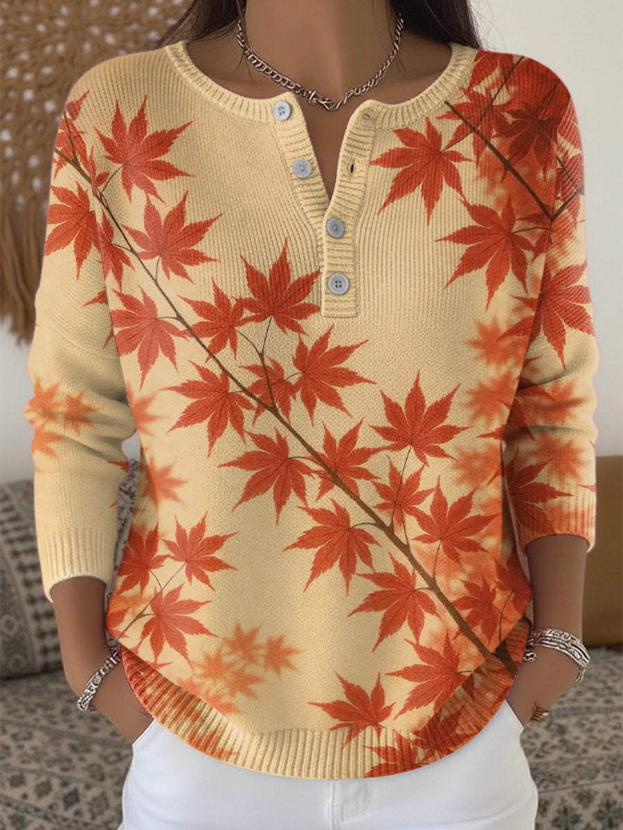 Women's Maple Leaf Casual Thanksgiving Henley neck sweater
