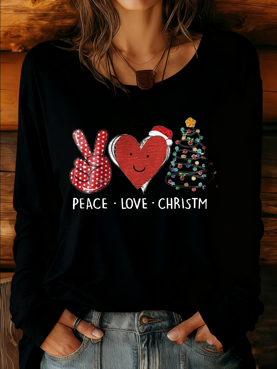 Women's Peace Love Christmas Art Print Casual T-Shirt