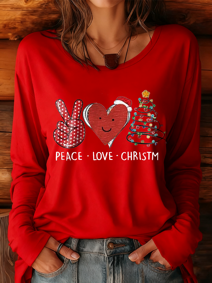 Women's Peace Love Christmas Art Print Casual T-Shirt