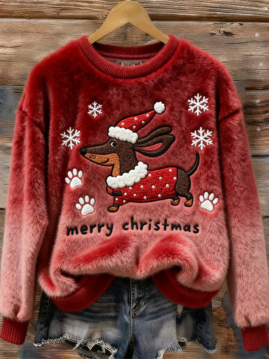Women’s Christmas Dachshund Dog Art Cozy Flannel Sweater Deep Red / S