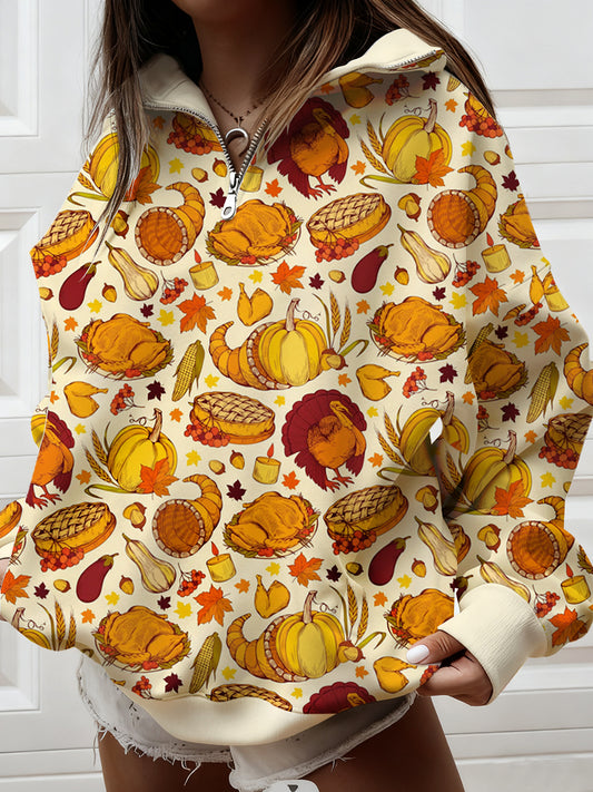 Women's Vintage Casual Loose-Fit Animal Art Half-Zip Hoodie