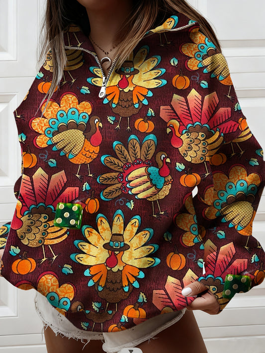 Women's Vintage Casual Loose-Fit Animal Art Half-Zip Hoodie