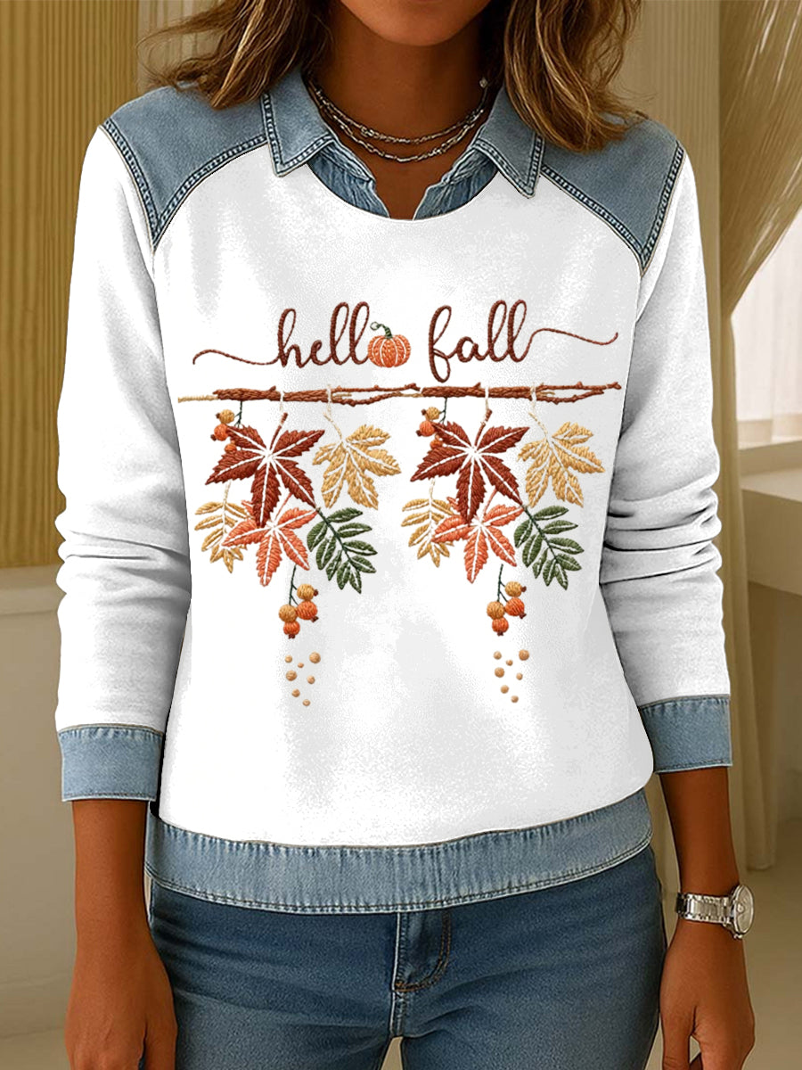 Women's White Thanksgiving Lapel-Collared Patchwork Sweatshirt