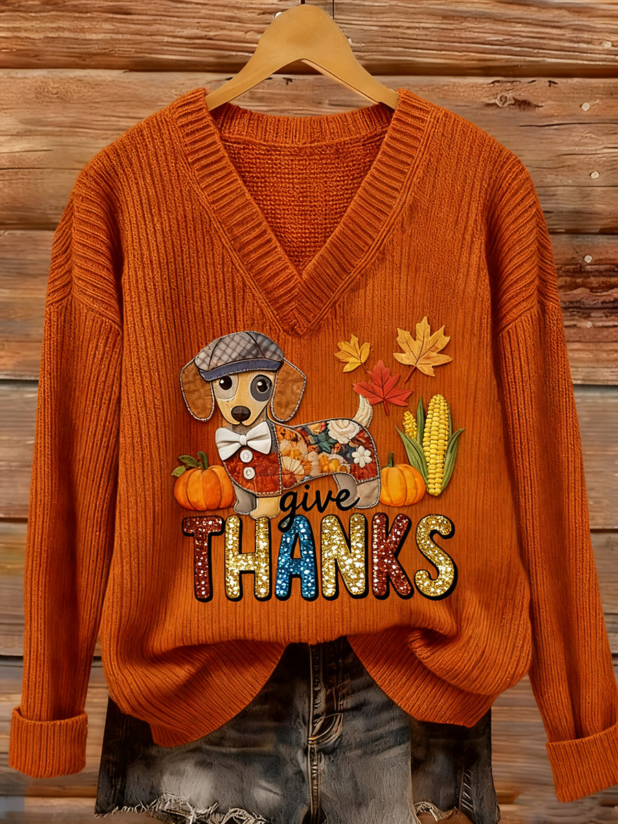 Women's Thanksgiving Give Thanks Sausage Dog Pumpkin Print Top