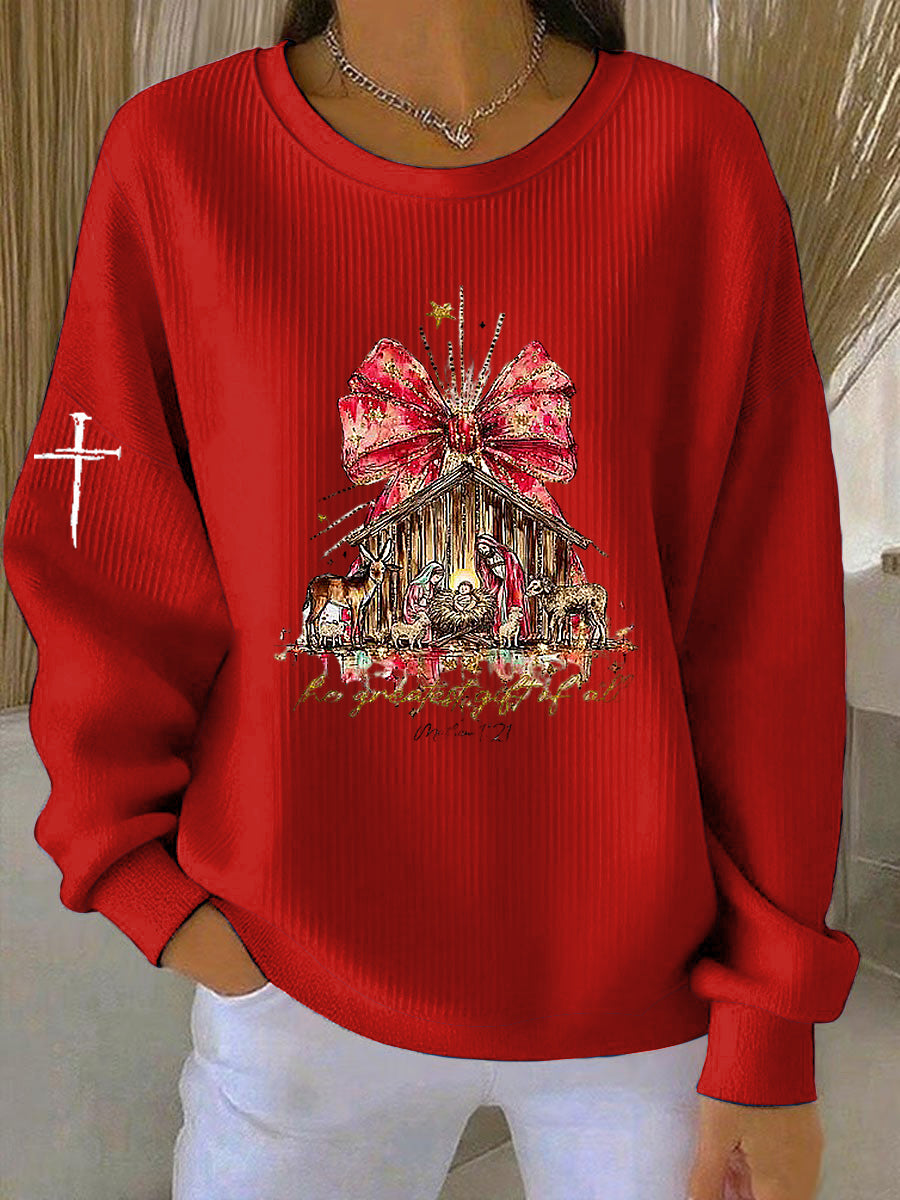 Vintage Christmas Faith Jesus Church Printed Casual Loose Long Sleeve Sweatshirt
