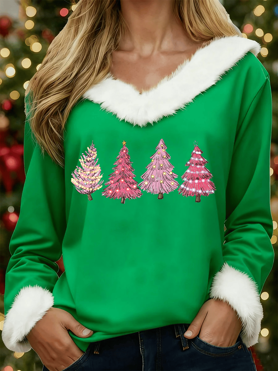Women's Christmas Tree Print Casual Fur Collar Top