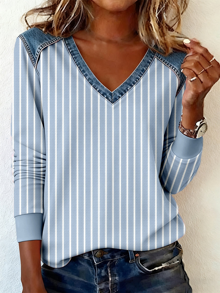 Women's Blue Striped Pattern Patchwork Art V-Neck Top