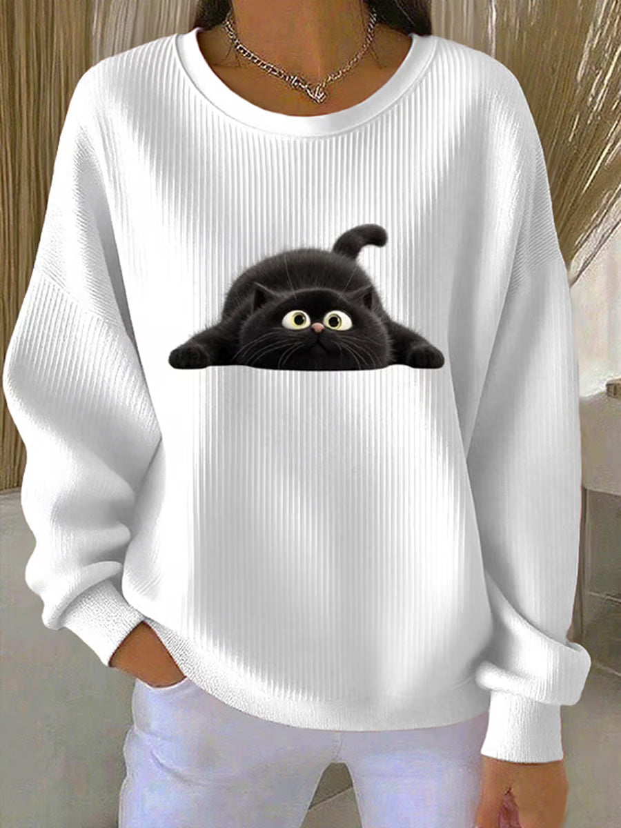 Women's Funny Black Cat Ribbed Round-Neck Sweatshirt