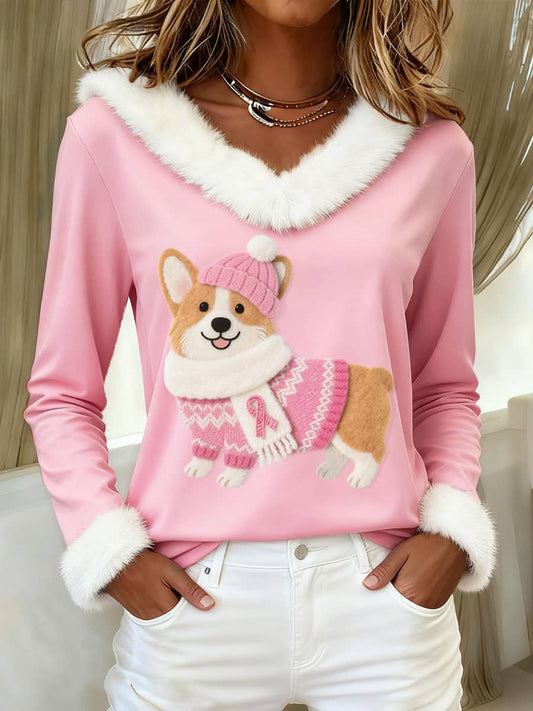 Women's Felt Art Corgi Dog Pattern Furry Top