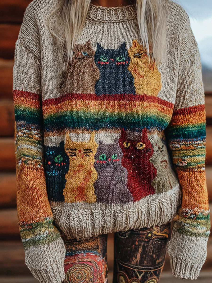 Women's Vintage Christmas Animal Art Print Comfortable Casual Sweater