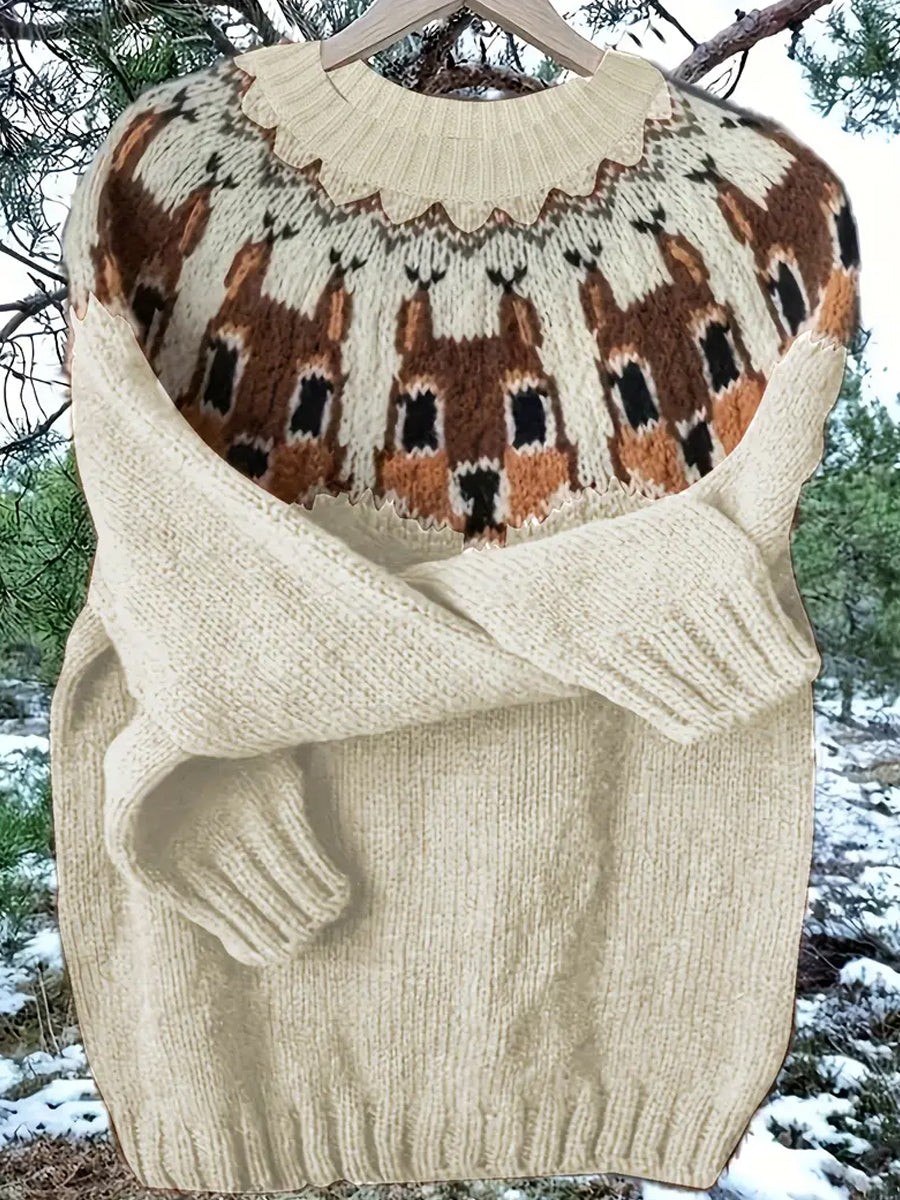 Women's Vintage Christmas Animal Art Print Comfortable Casual Sweater