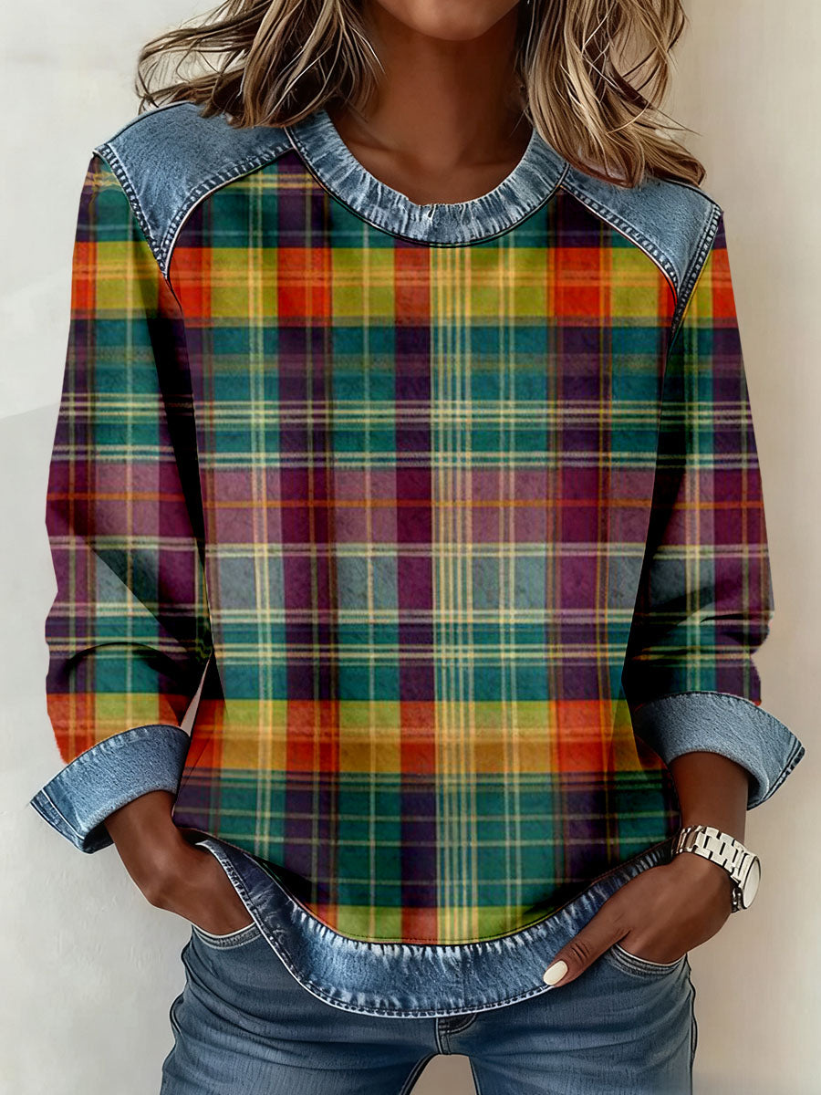 Women's Vintage Plaid Pattern Patchwork Sweatshirt