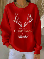 Women’s Merry Christmas print Ribbed Round-Neck Sweatshirt Red / S