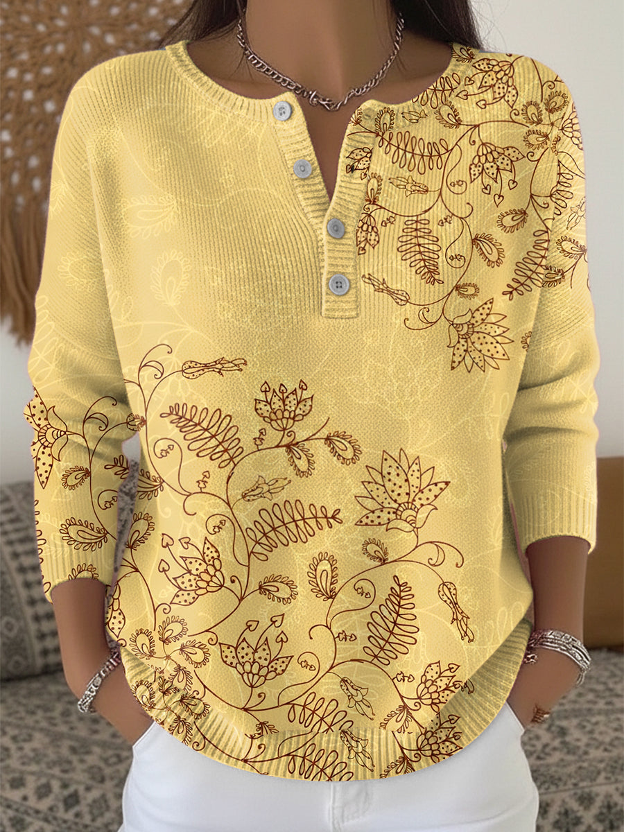 Women's Thanksgiving Floral Henley neck sweater