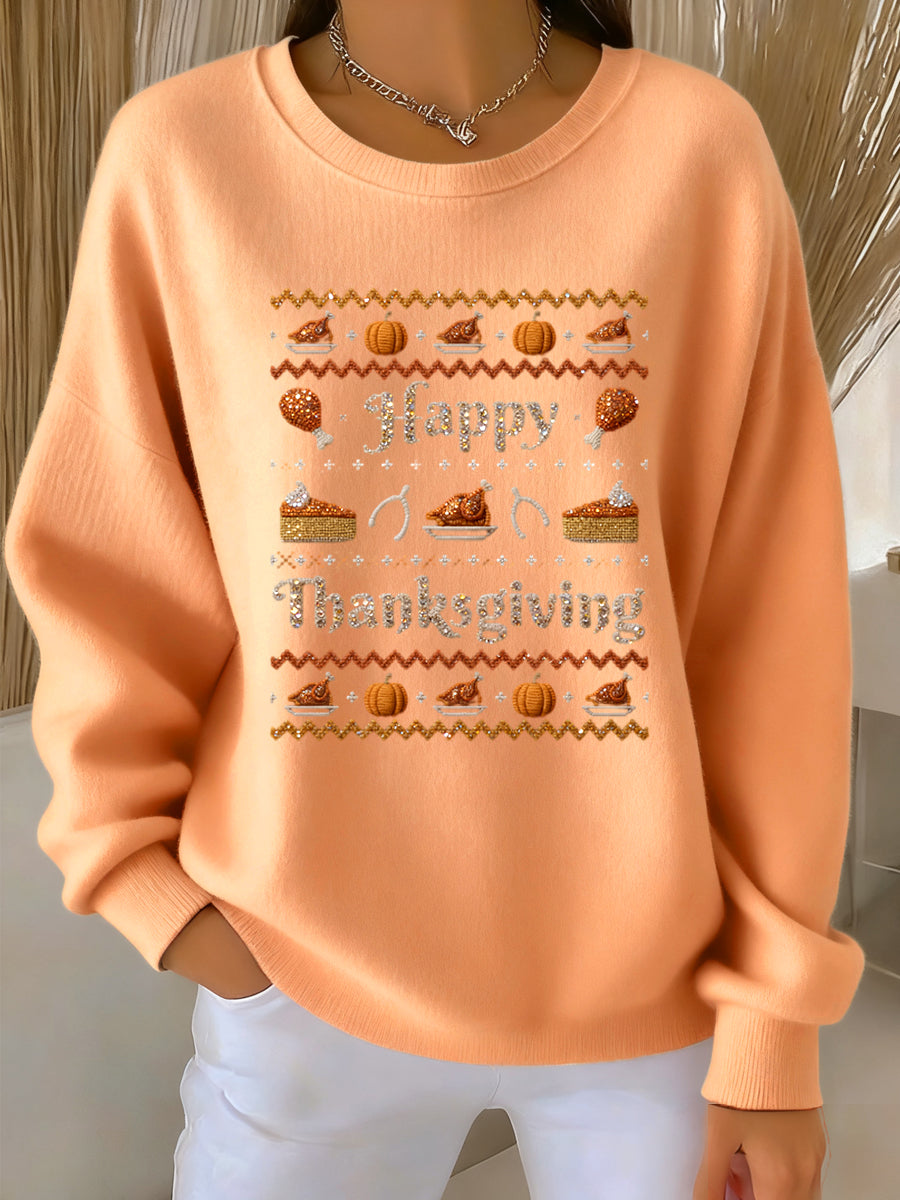 Women's Thanksgiving Turkey Pumpkin Casual Crew Neck Top