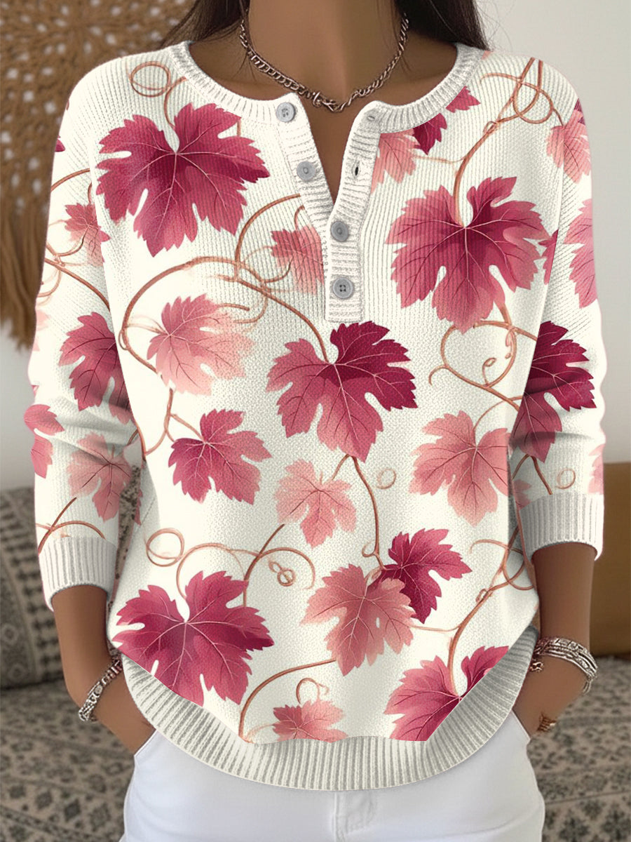 Women's Autumn Purple Maple Leaf Henley neck sweater