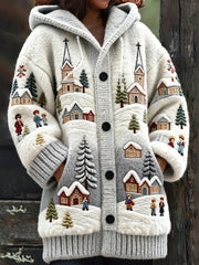 Women’s Retro Christmas Art Print Casual Midi Hooded Cardigan A / S