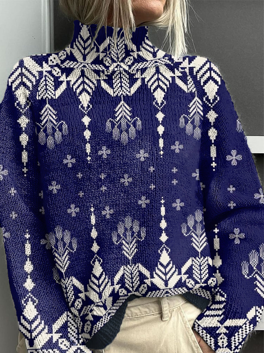 Women's Blue Geometric Flora lRoll-Neck Sweater