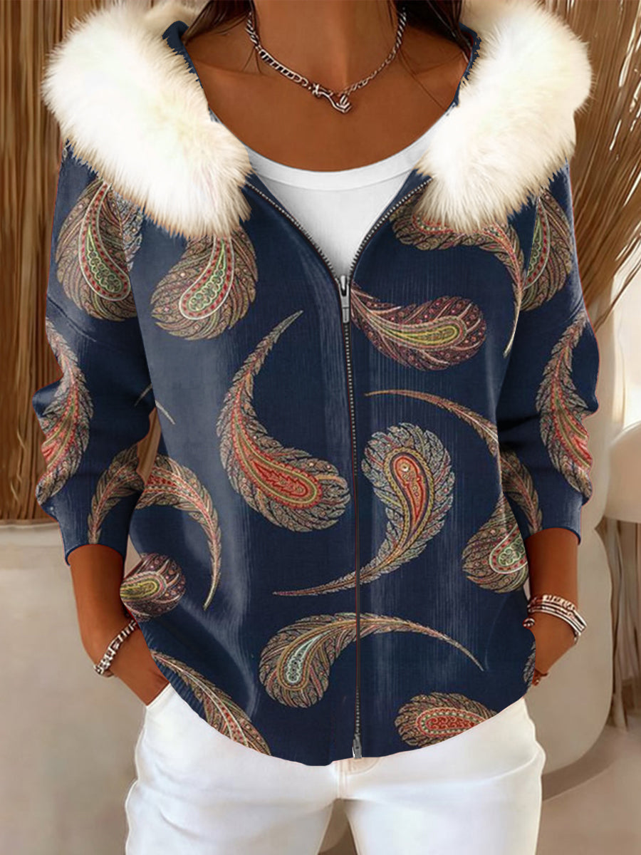Women's Paisley Floral Fur-Trimmed Hooded Jacket