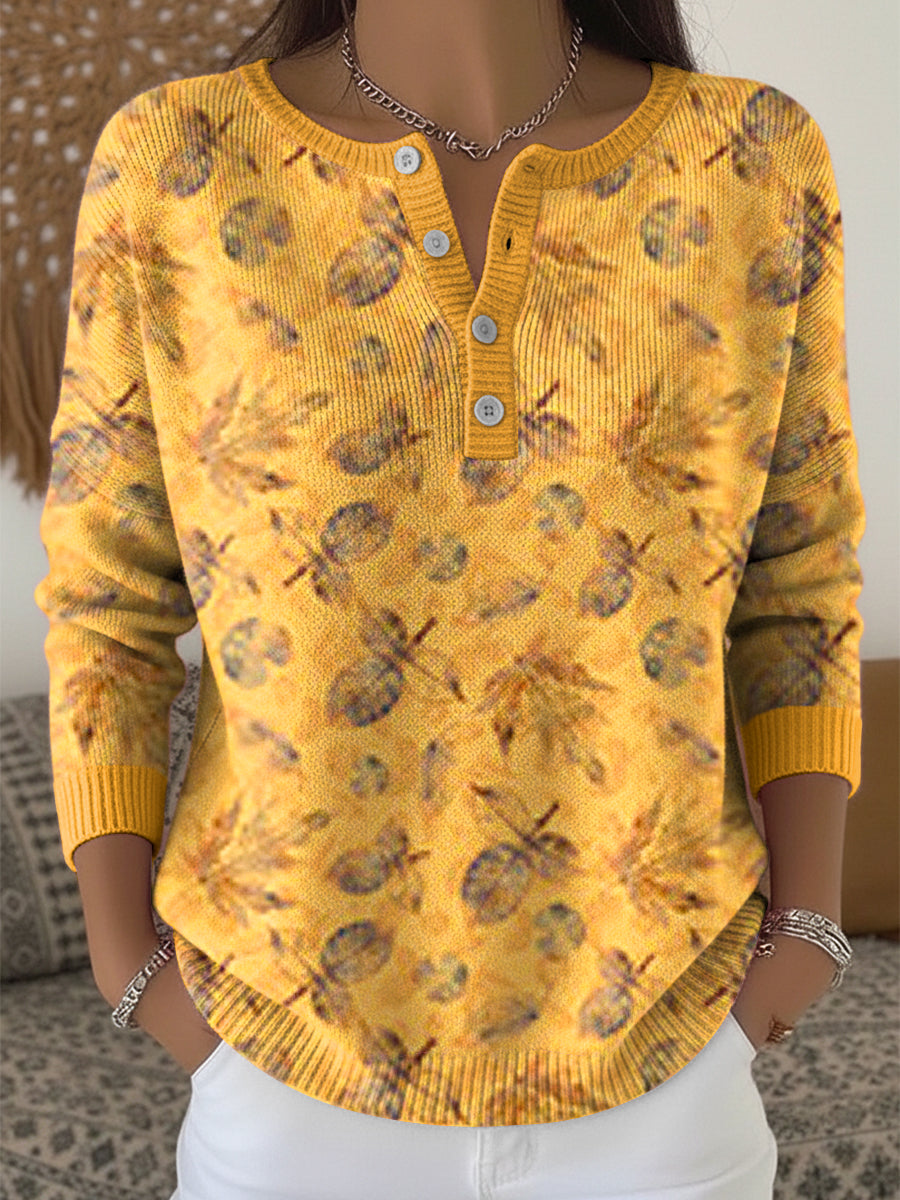 Women's Vintage Thanksgiving Abstract Autumn Leaf Art V-Neck Top