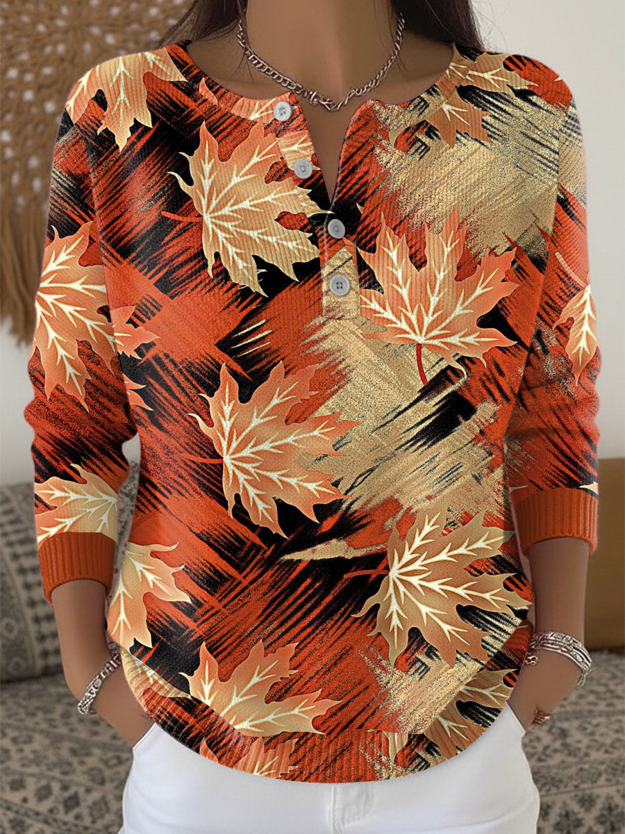 Women's Autumn Leaf-Inspired Henley neck sweater
