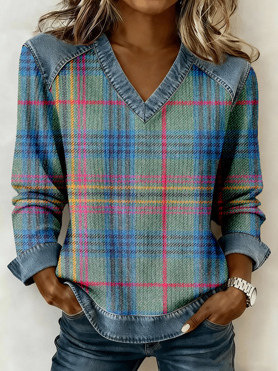 Women's Retro Plaid Pattern Patchwork Art V-Neck Top