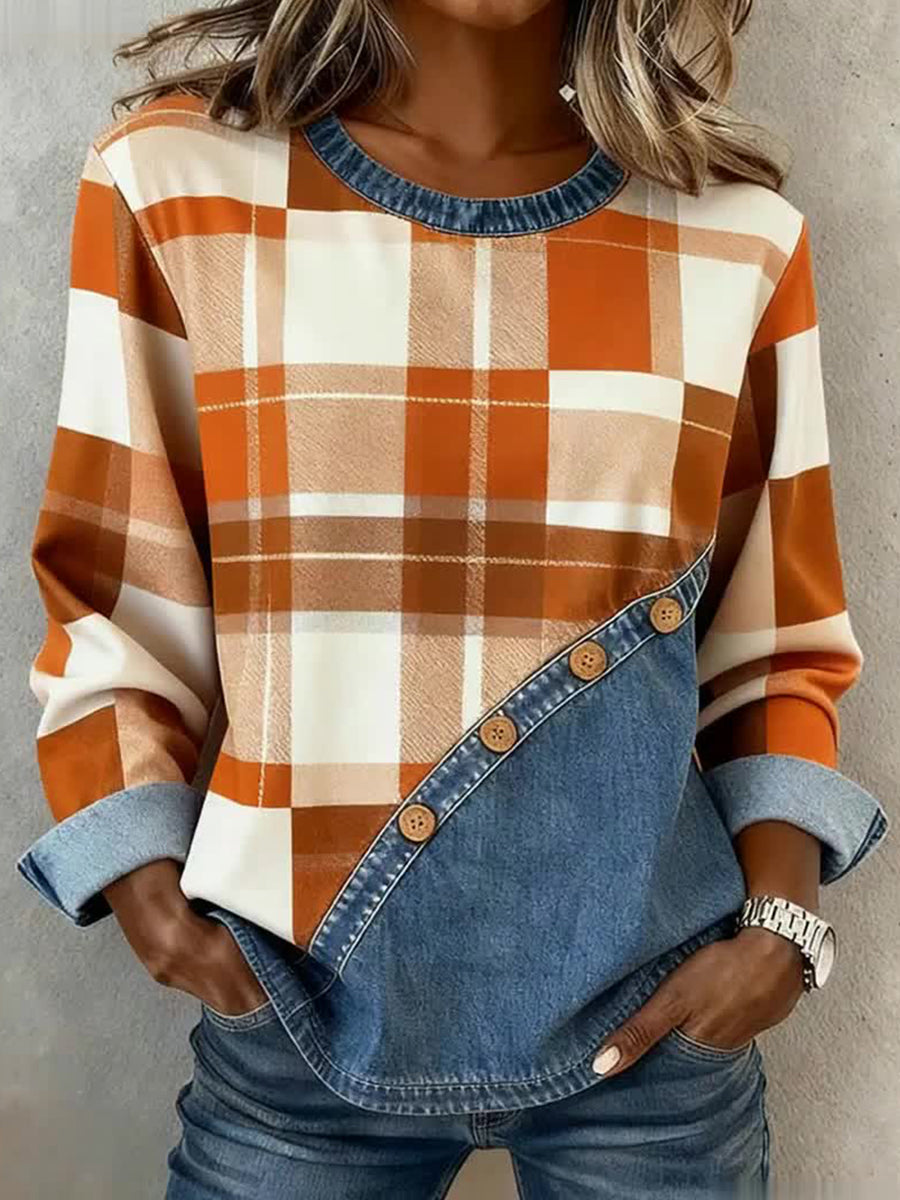 Women's Fall Plaid Pattern Patchwork Art Sweatshirt