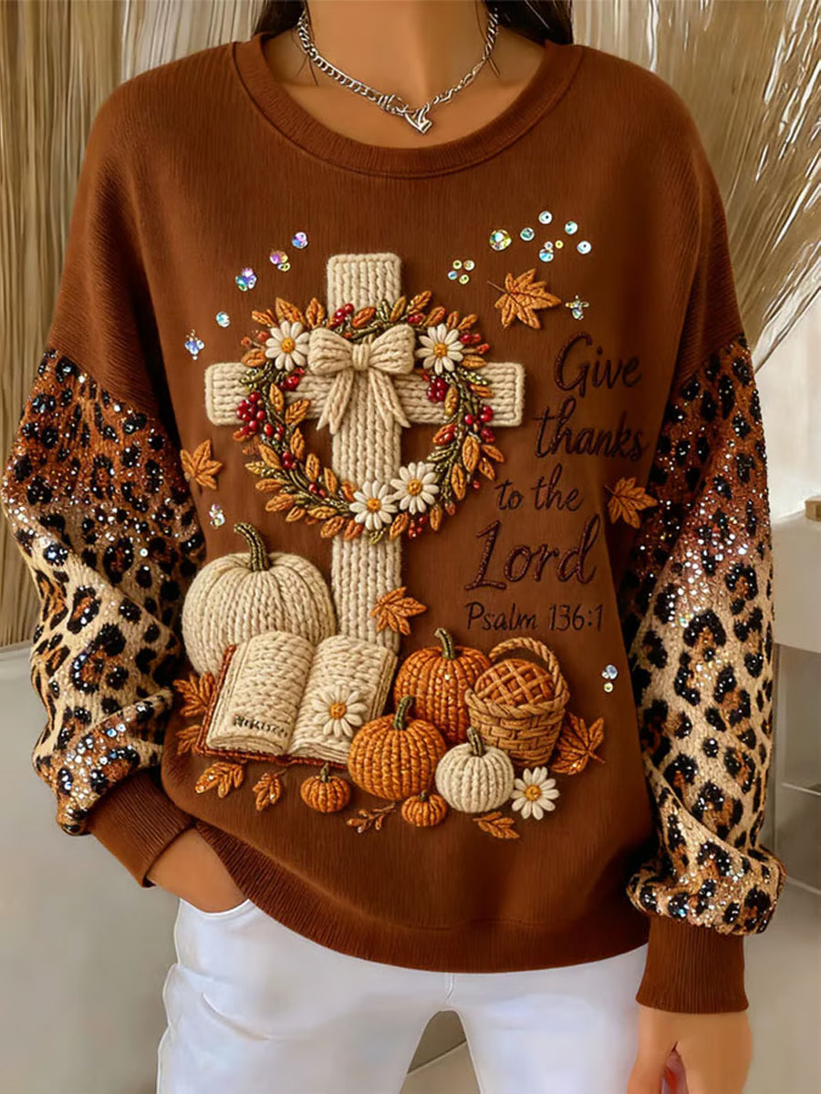 Women’s Thanksgiving Give Thanks To The Lord Cross Ribbed Round-Neck Sweatshirt Coffee / S