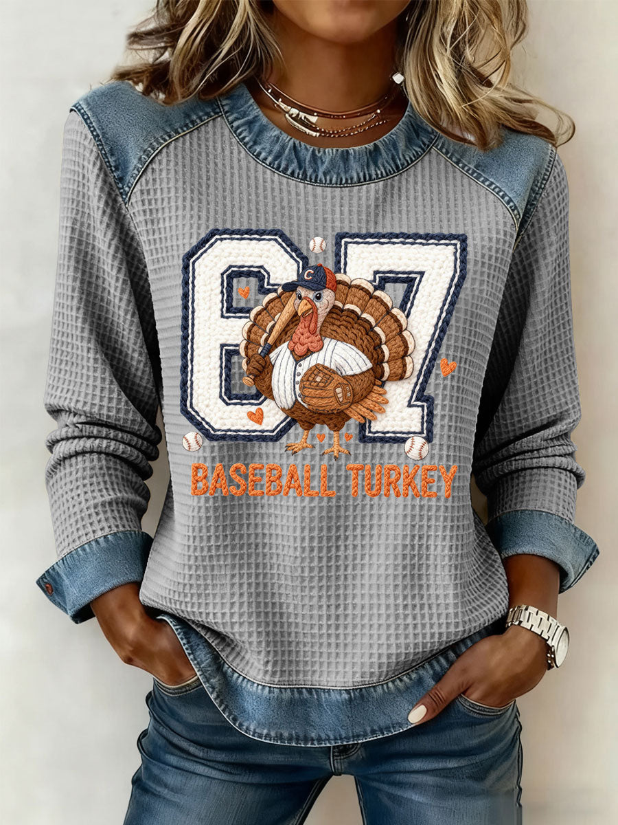 Women's Thanksgiving Baseball Turkey Denim Patchwork Waffle Top