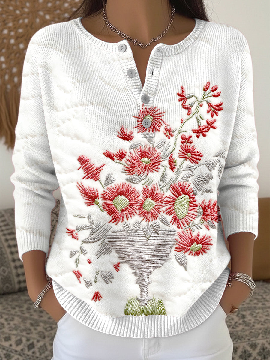 Women's Floral 3D Embroidered Henley neck sweater