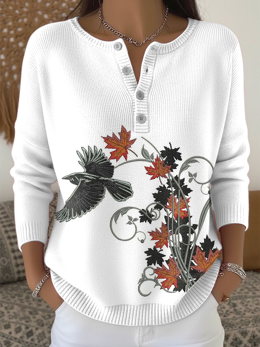 Women's Maple Leaf Bird White Henley Neck Sweater