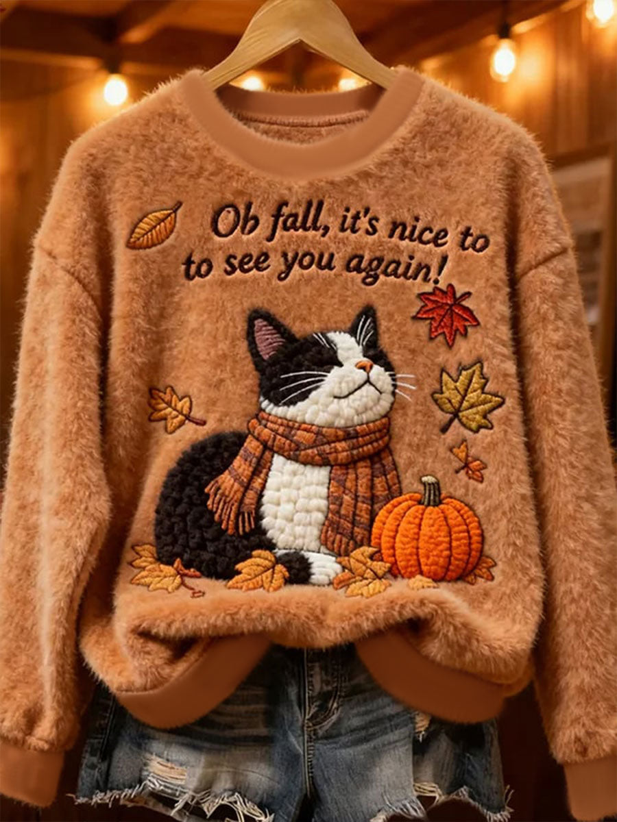 Women's Autumn Pumpkin Cat Flannel Hoodie