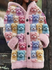 Women’s Cute Dog Print Casual Mid-Length Plush Hooded Coat Pink / S