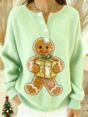 Vintage Christmas Sequin Gingerbread Man Print Comfortable Flannel Sweatshirt Green / S