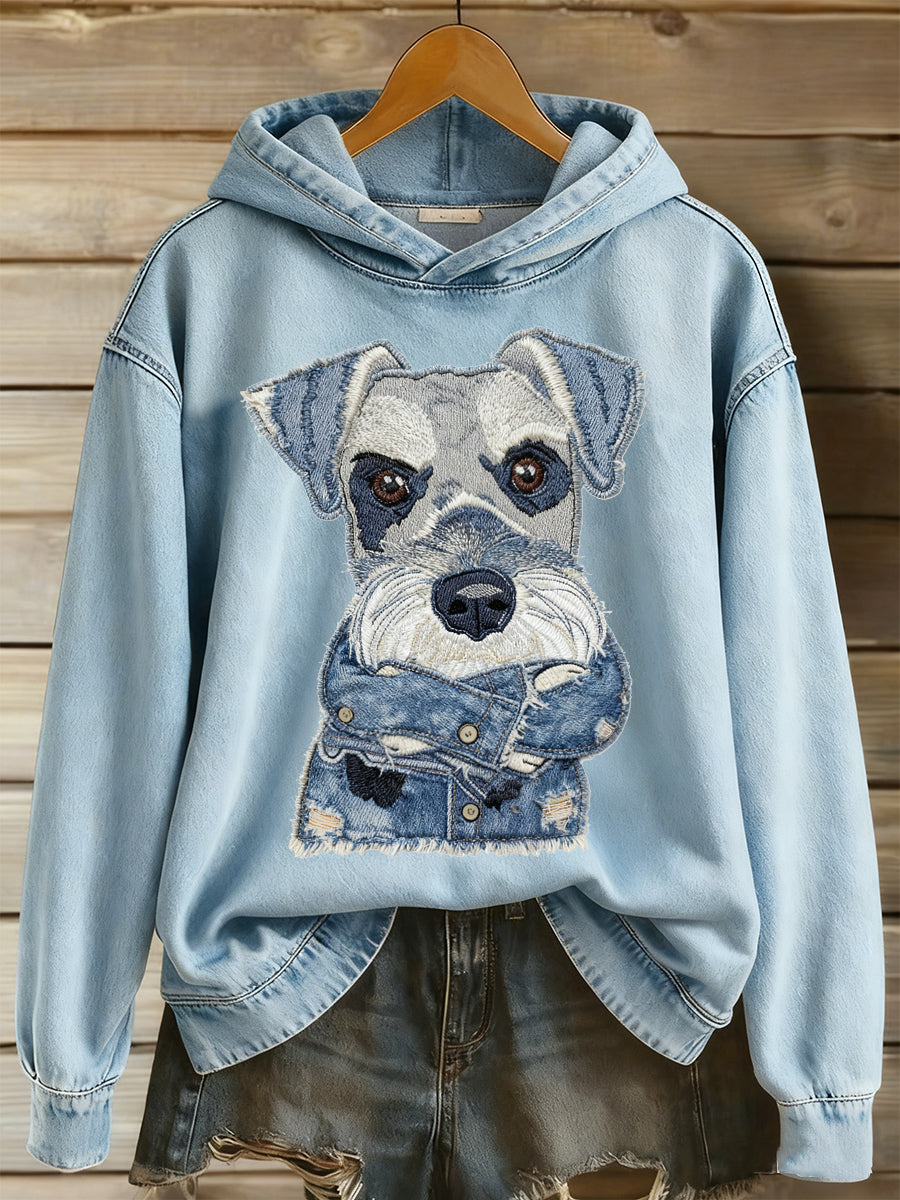Women’s Denim Animal Printed Round Neck Long Sleeved Hoodie Light Blue / S