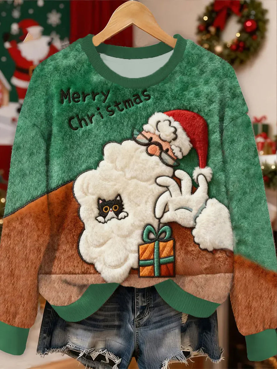 Women’s Funny Santa Claus And Cute Cat Flannel Hoodie As picture / S