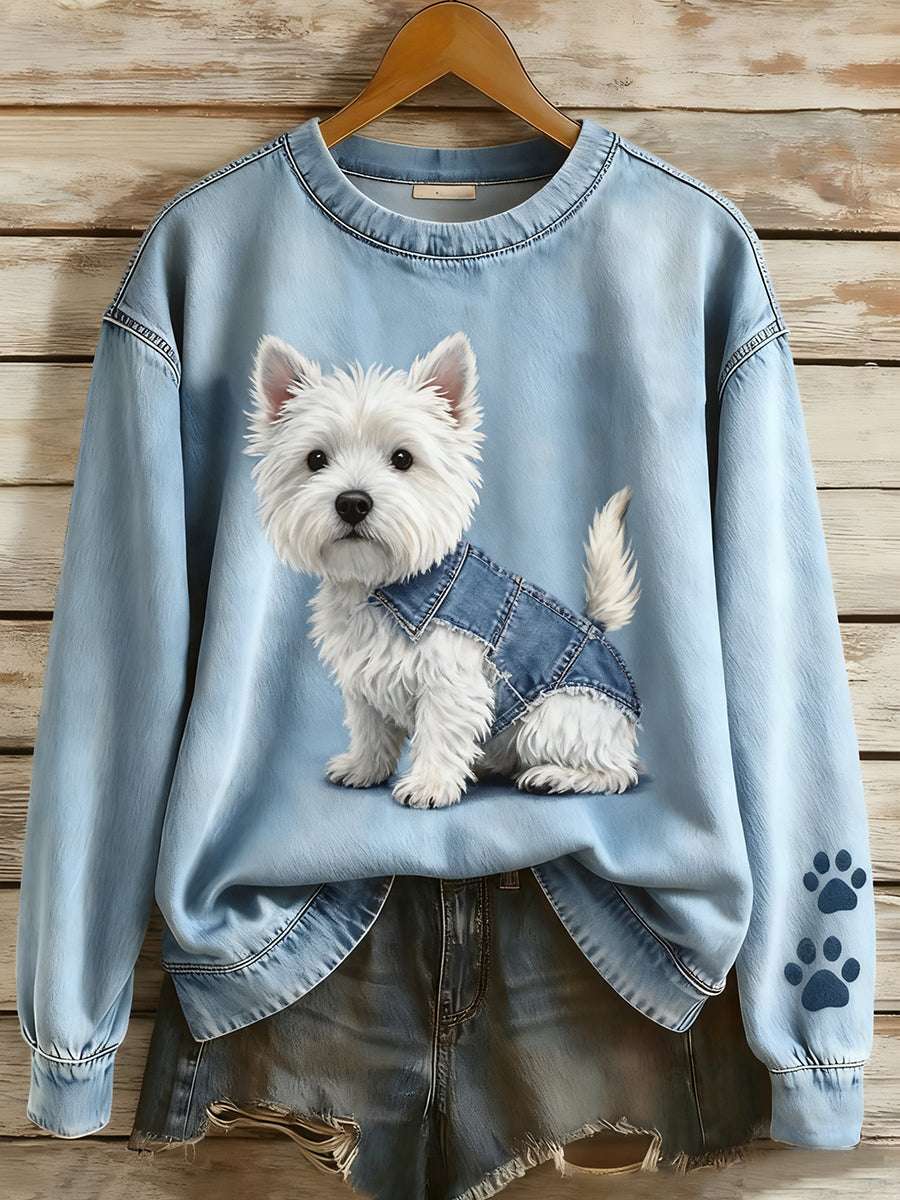 Women’s Retro Denim Patchwork Animal Art Print Casual Comfort Long-Sleeve Sweatshirt A / S