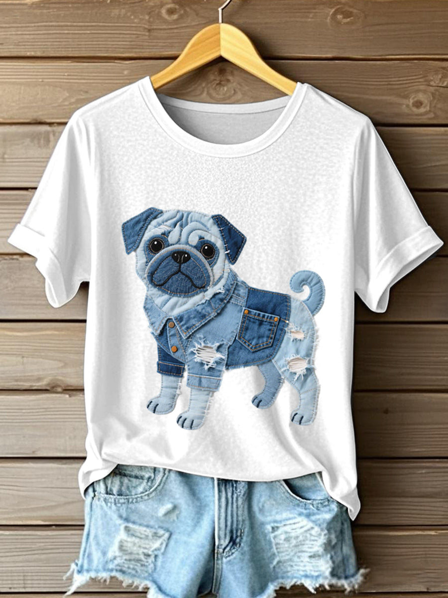 Women’s Lovely Pug Dog Denim Patchwork Pattern T-Shirt White / S
