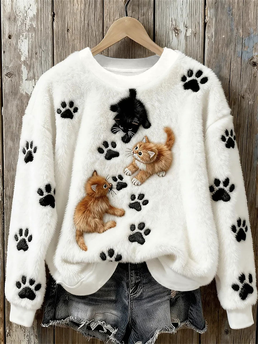Women’s Cat Art Print Casual Top White / S