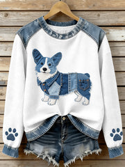Women’s Lovely Corgi Pattern Denim Patchwork Waffle Sweatshirt As picture / S