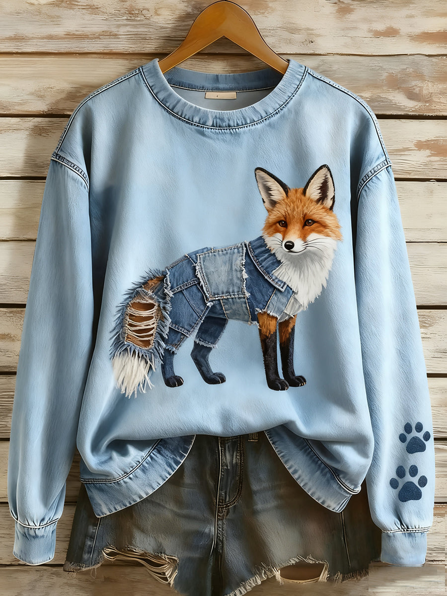 Women’s Retro Denim Patchwork Animal Art Print Casual Comfort Long-Sleeve Sweatshirt A / S