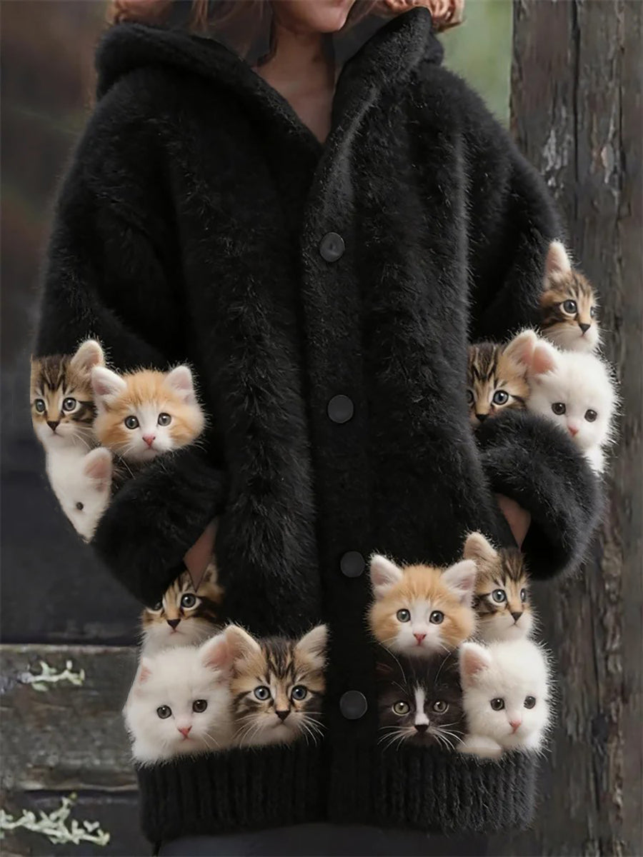 Women’s Flannel Cute Cats Print Coats As picture / S