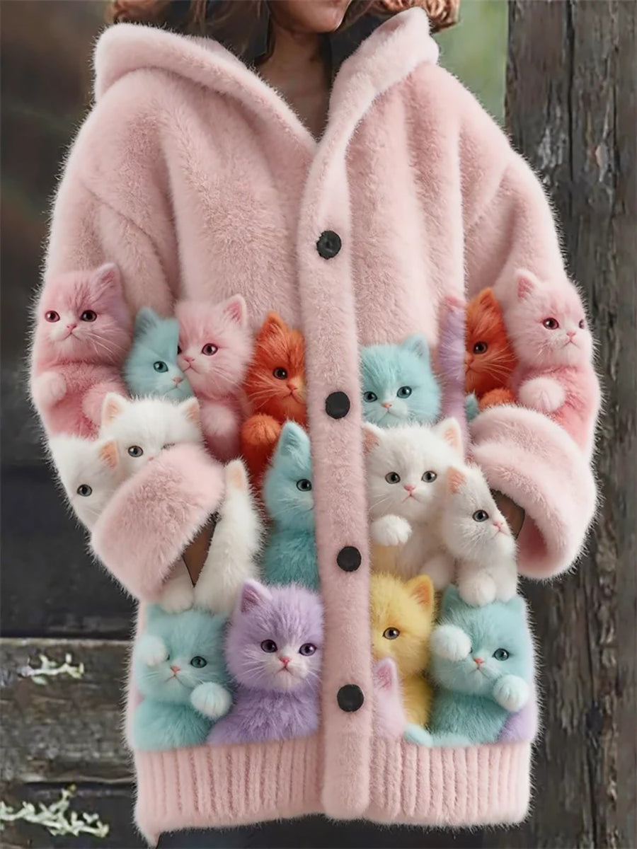 Women’s Flannel Cute Cats Print Coats As picture / S